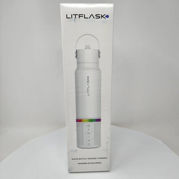 Litflask Smart Water Bottle 20 oz Speaker Charger Power Bank White Stainless